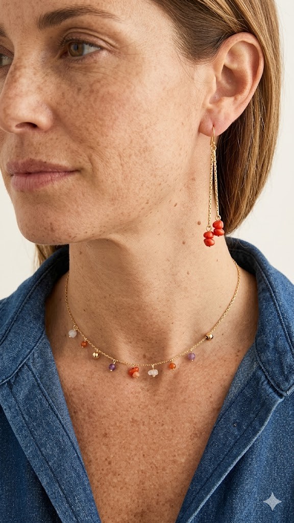 Pendientes Fleco Coral SANUKE con cadenas doradas y cuentas color coral, diseño largo y ligero con movimiento elegante.