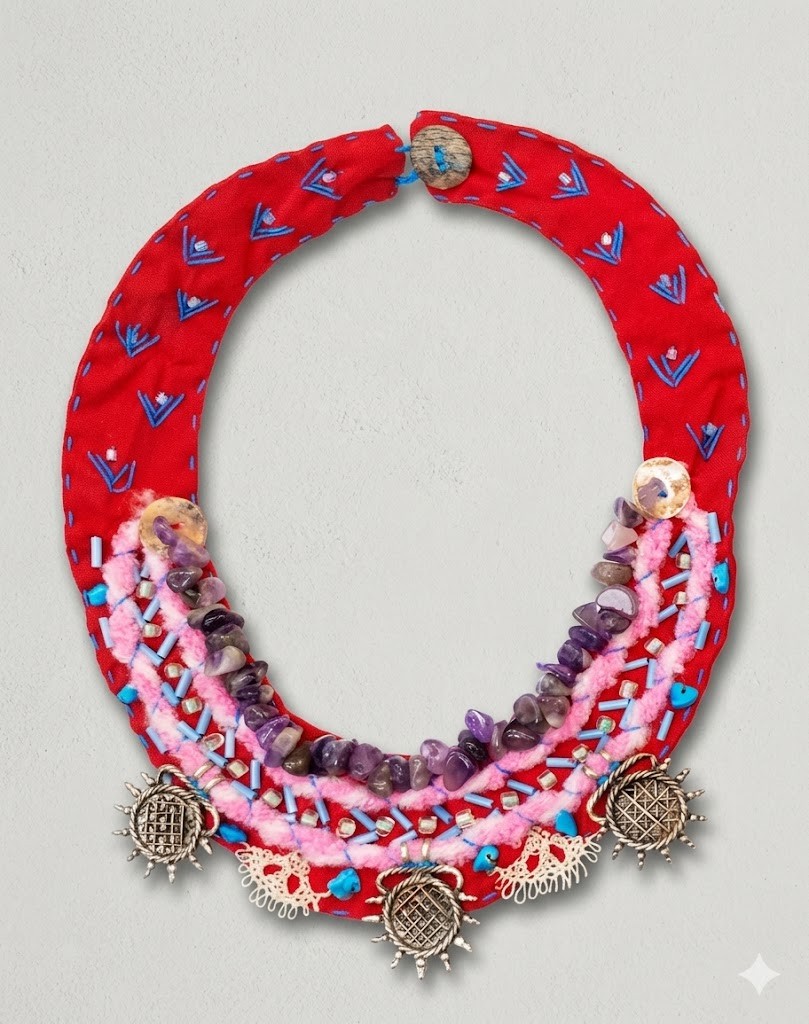 rosa Ia web Collar de tela artesanal modelo Amatista Rosa de Sanuke, color rojo con bordados celestes, pedrería violeta y tres dijes solares plateados.