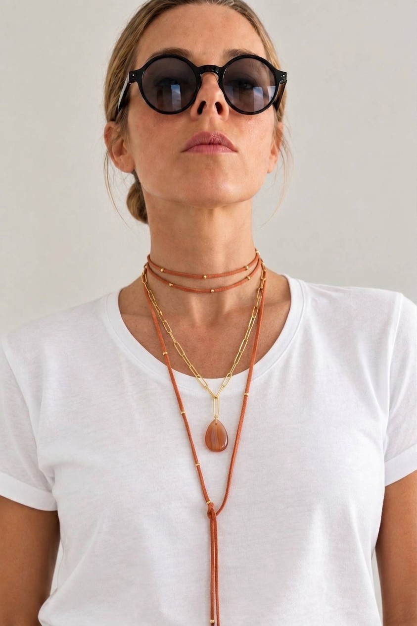 Pack Sunset SANUKE con cinta naranja y collar ESTILO dorado con lágrima naranja claro